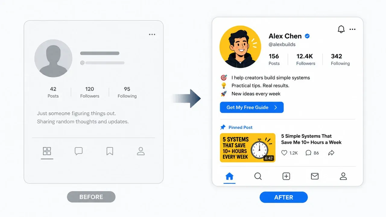 A before and after X profile example showing a generic profile transformed into a clearer profile with a strong bio and pinned post.