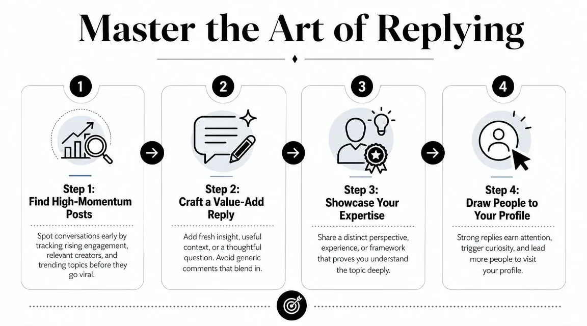 A four-step graphic for mastering replies by finding high-momentum posts, crafting value-add replies, showcasing expertise, and drawing profile visits.