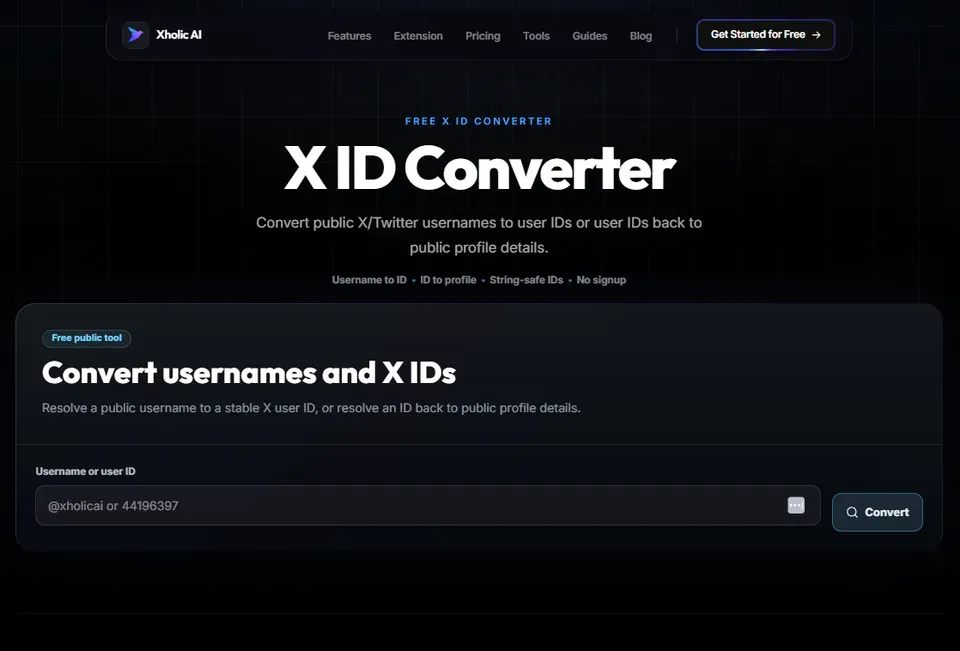X ID Converter interface for converting usernames and permanent X account IDs.