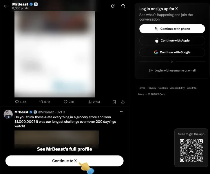 A public X profile opened without logging in: the last post shown, then “See MrBeast’s full profile” with a Continue to X button, and a “Log in or sign up for X” panel on the right. Post images are blurred.