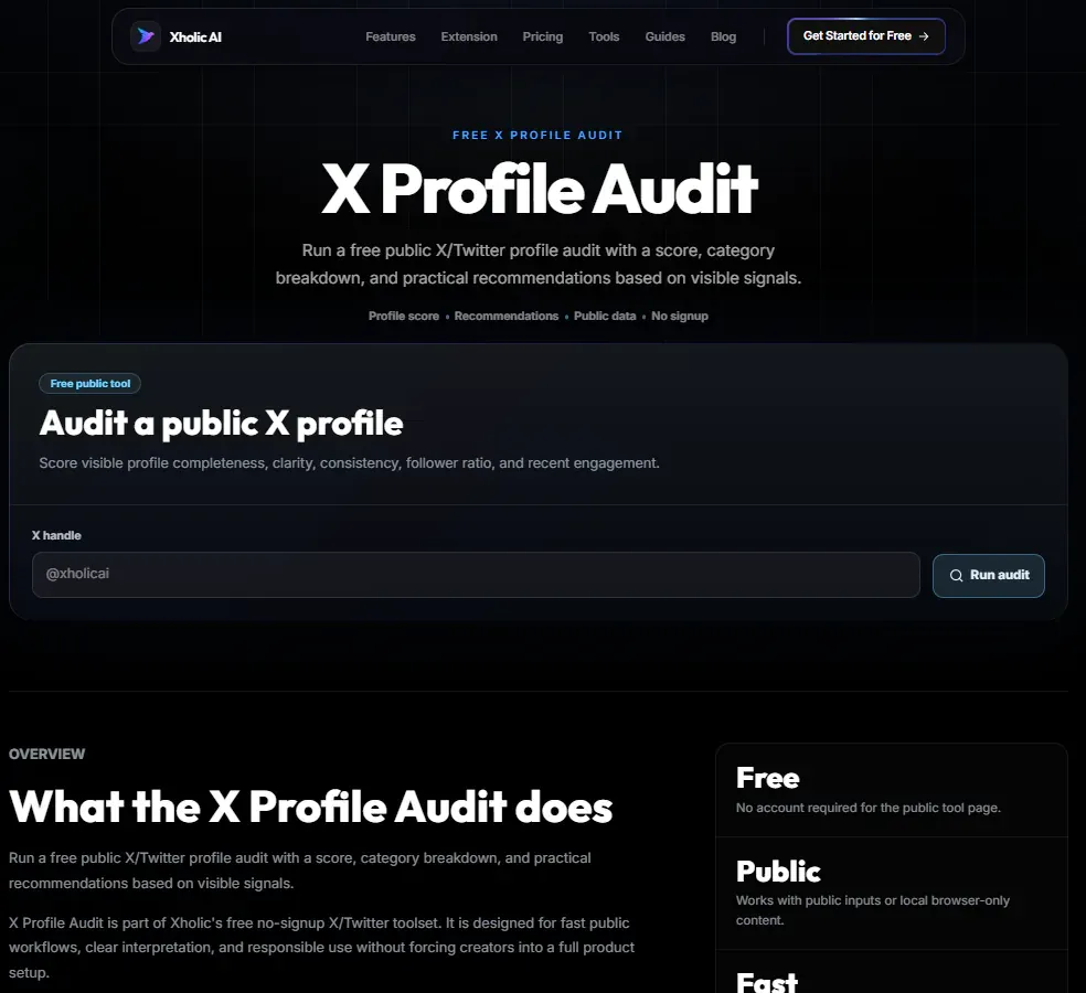 X Profile Audit tool interface for auditing a public X profile.