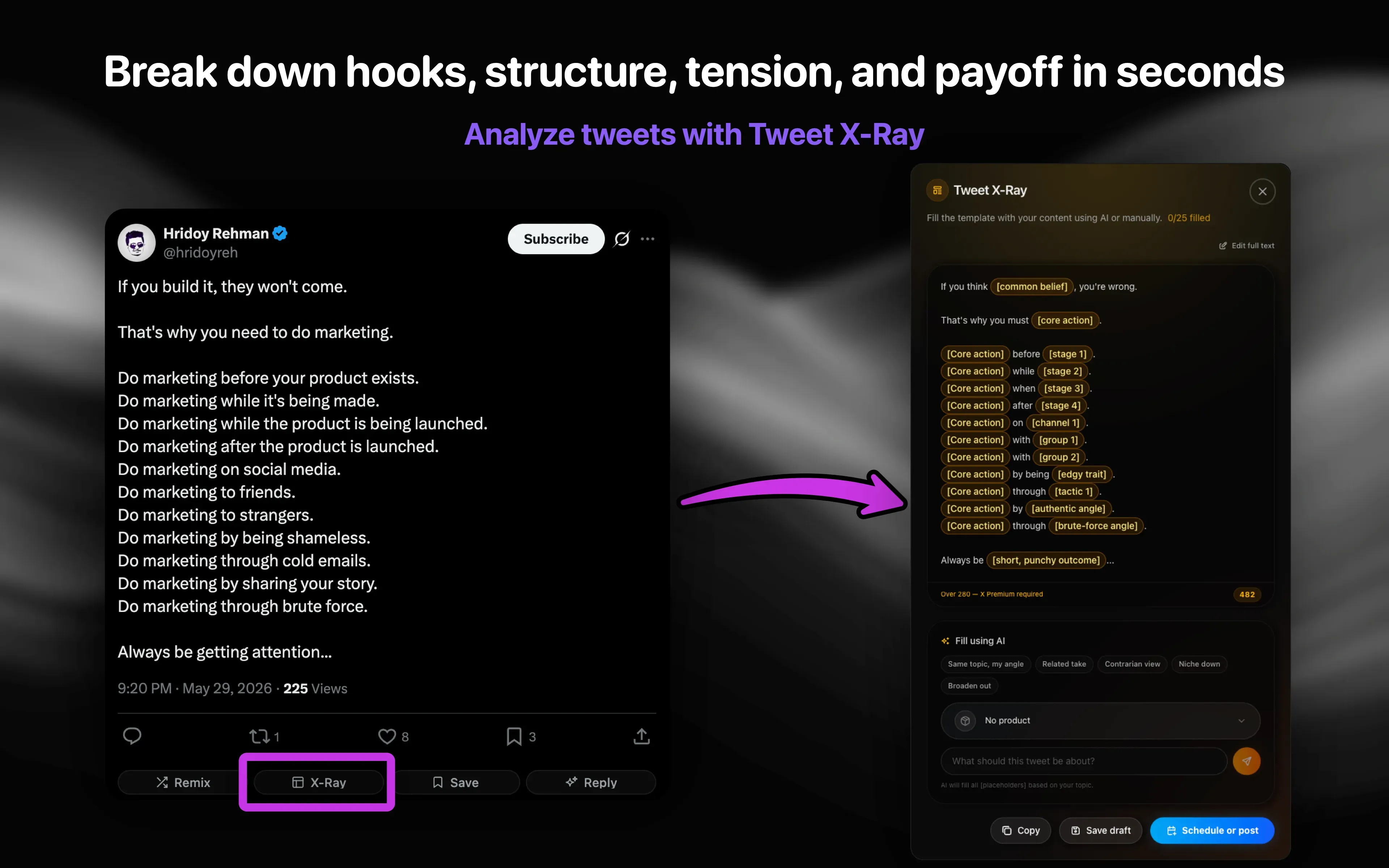 Xholic AI Chrome extension tweet X-Ray analysis preview.