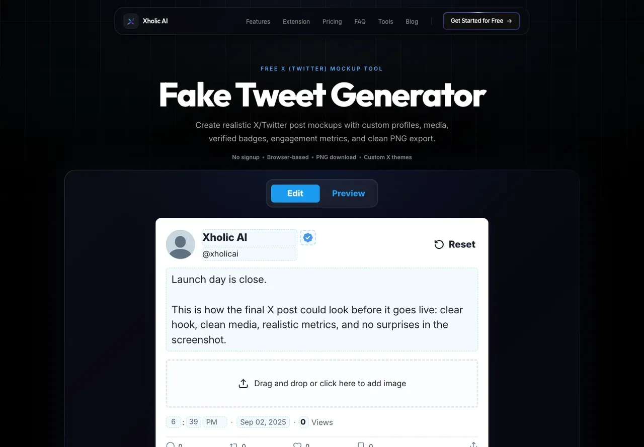Xholic AI fake tweet generator editor with inline tweet card controls