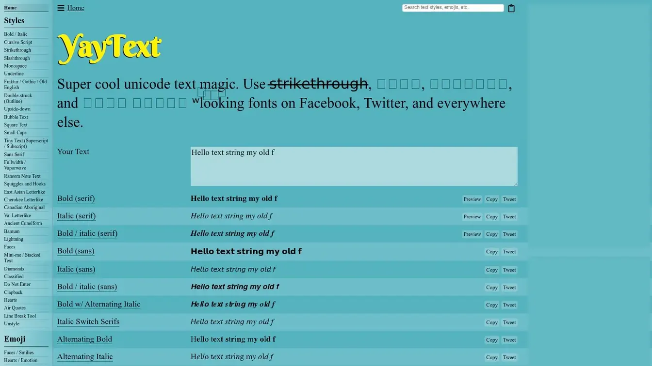 YayText Unicode font generator showing copyable styled text options.