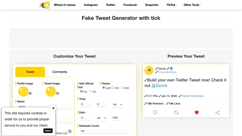 Zeoob fake tweet generator editor with tweet preview